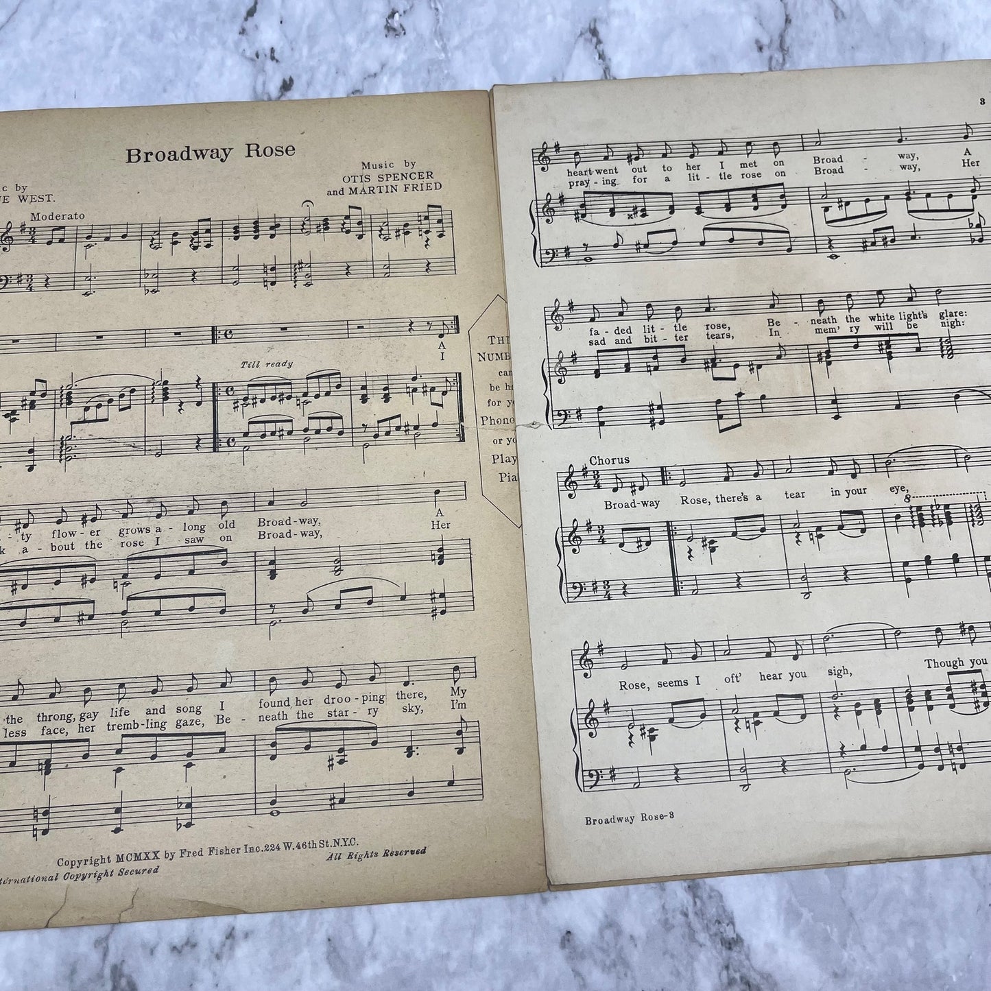 1920 Broadway Rose Sheet Music West Fried Spencer Portrait Goldbeck V38
