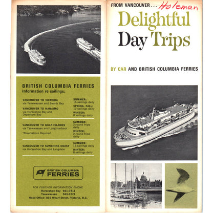 1960s Delightful Day Trips By Car & British Columbia Ferries Fold Out Brochure SF3