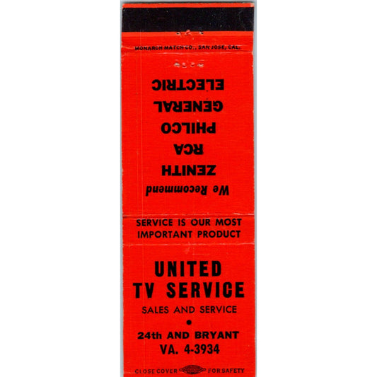United TV Service San Jose California Advertising Matchbook Cover MM9-1