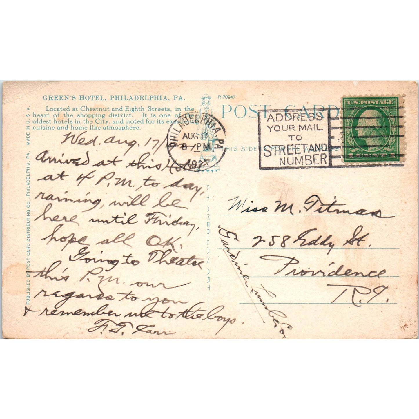 Vintage Postcard Green's Hotel Chestnut & 8th Streets Philadelphia PA TI1-1