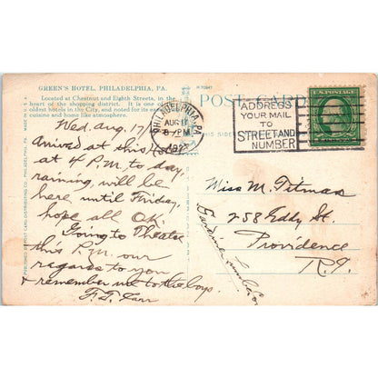 Vintage Postcard Green's Hotel Chestnut & 8th Streets Philadelphia PA TI1-1