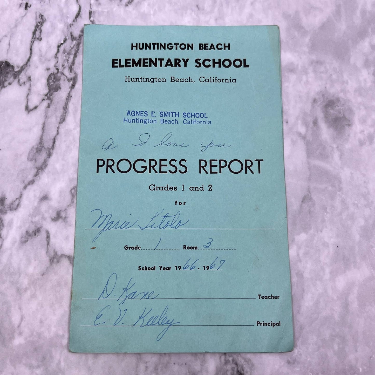 1966 Student Report Card Agnes L. Smith Marie Titolo Huntington Beach CA EA4