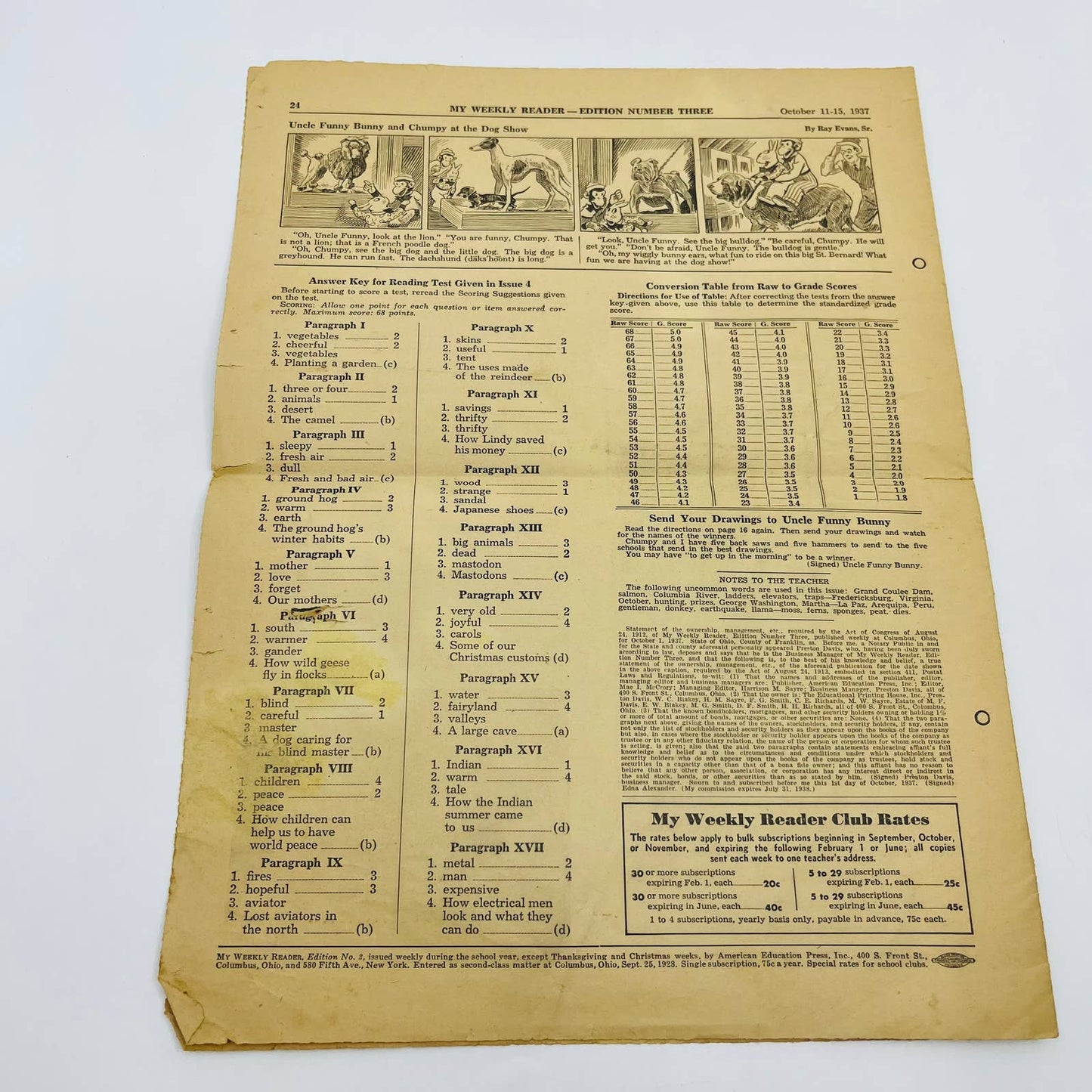 1937 Oct 11-15 MY WEEKLY READER Children’s Newspaper Ladders for Fish D1