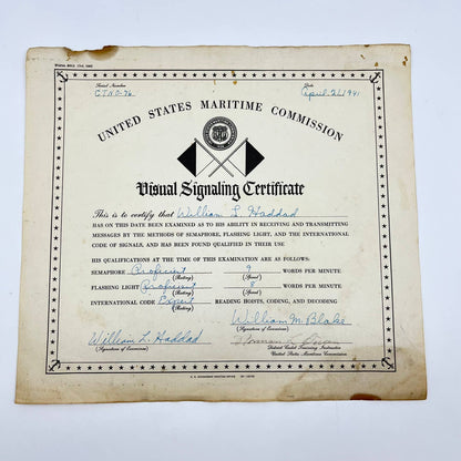 1941 WWII Visual Signaling Certificate William M. Haddad FL3