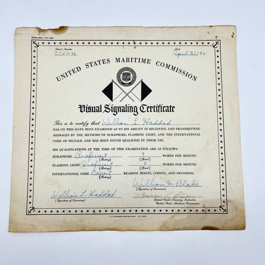 1941 WWII Visual Signaling Certificate William M. Haddad FL3