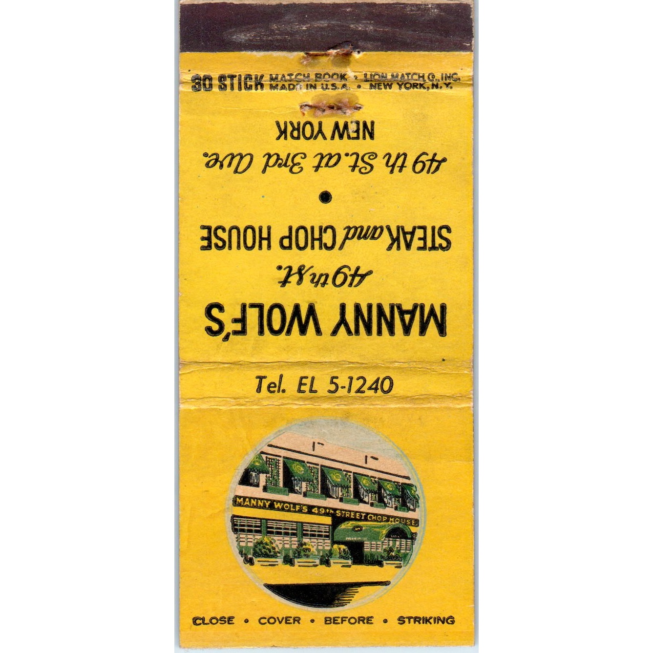 Manny Wolf's Steak & Chop House 3rd Ave NY Advertising Matchbook Cover MM9-7