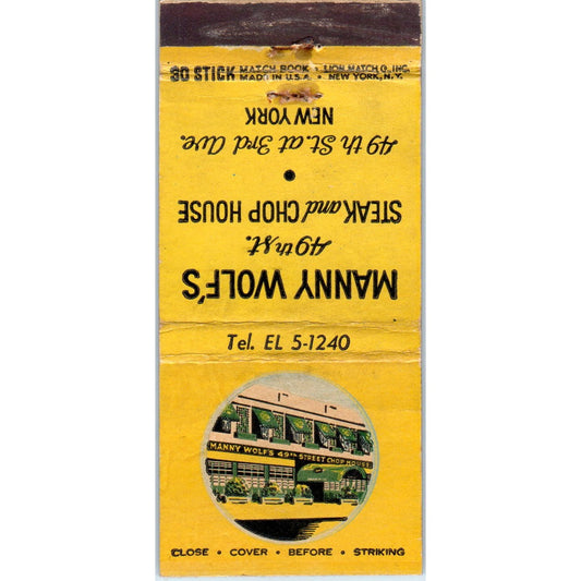 Manny Wolf's Steak & Chop House 3rd Ave NY Advertising Matchbook Cover MM9-7