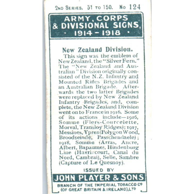 1925 Player's Cigarette Card Army Corps & Divisional Signs #124 New Zealand SE5