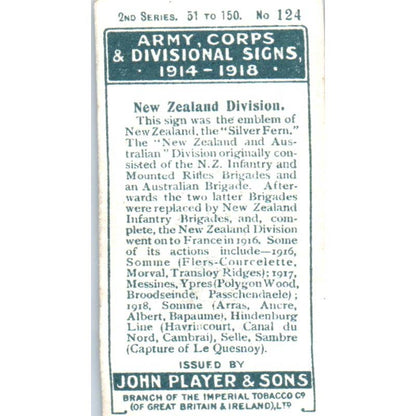 1925 Player's Cigarette Card Army Corps & Divisional Signs #124 New Zealand SE5