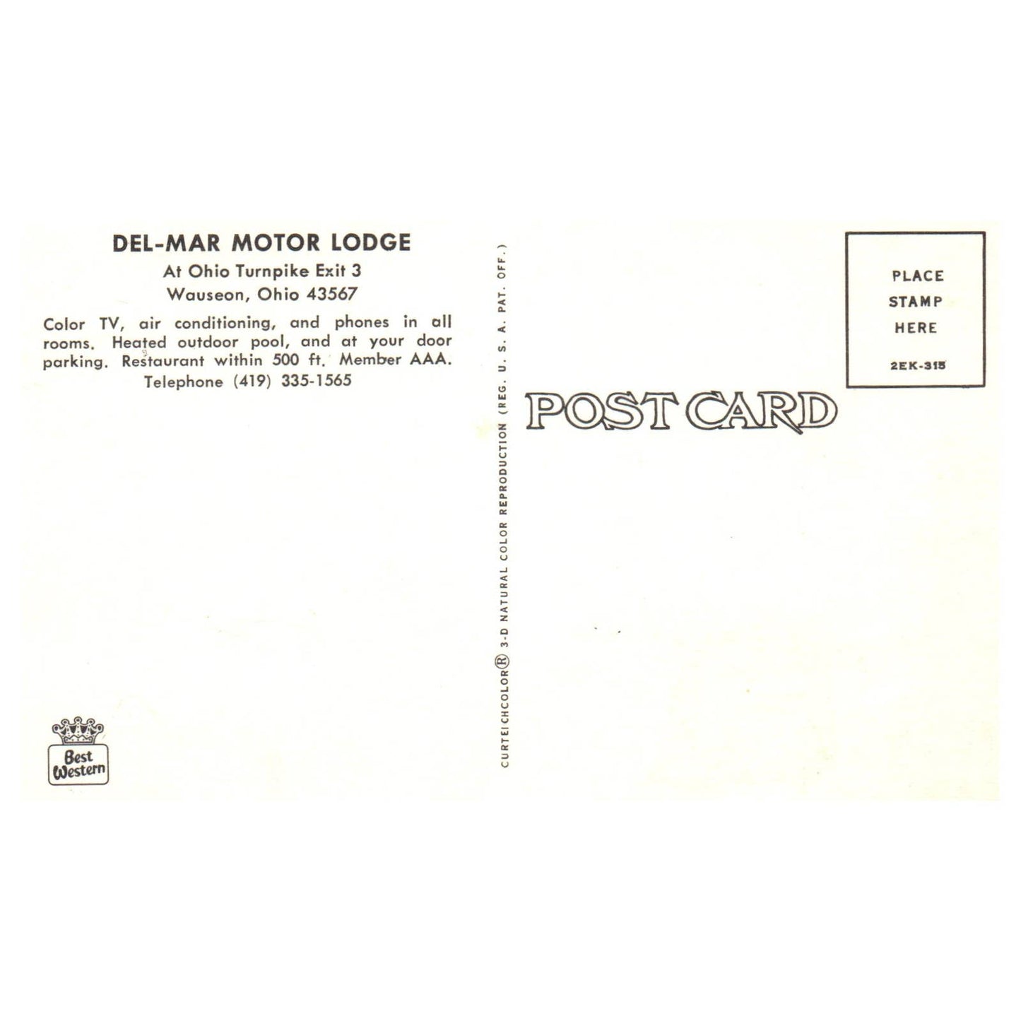 Vintage Postcard - Del-Mar Motor Lodge Interior Room Wauseon OH AD9