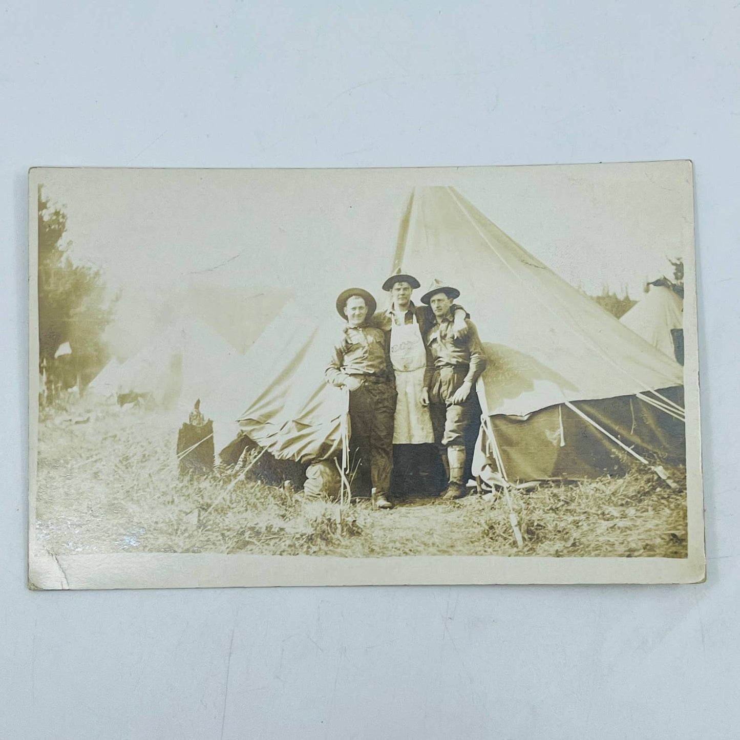 Early 1900s RPPC WWI US Military Servicemen Pose With Cook Outside Tent PA9