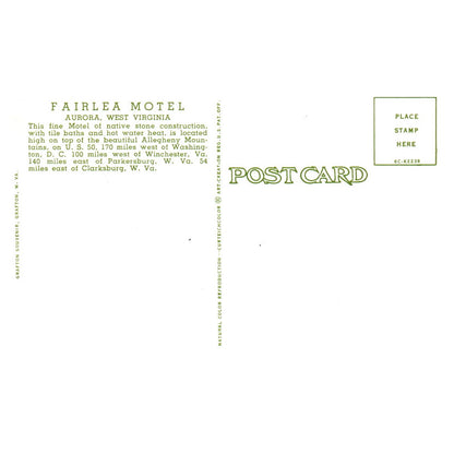 Vintage Postcard - Fairlea Mottel Aurora West Virginia TJ6-1