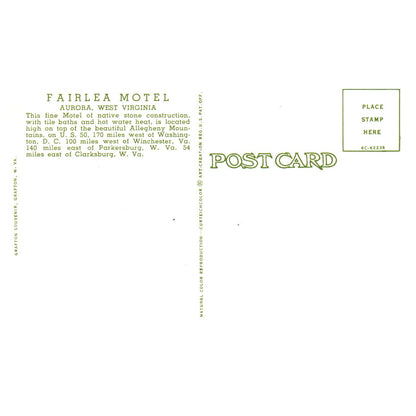 Vintage Postcard - Fairlea Mottel Aurora West Virginia P4-6