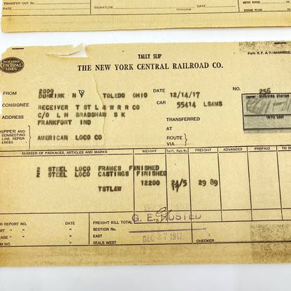 1917 The New York Central Lines Railroad RR Tally Slip Receipt Lot of 2 AB1