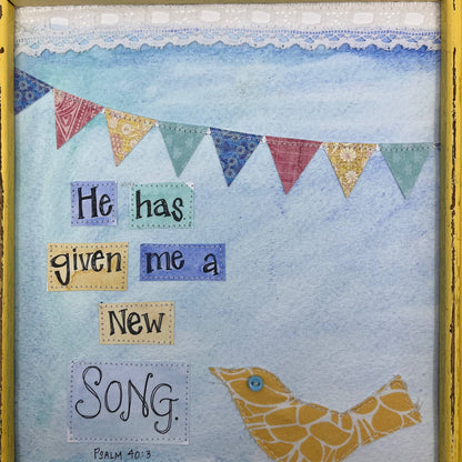 Original Mixed Media Wall Art Psalm 40:3 Bird Elisabeth Forman 10.5 x 12.5" TI4