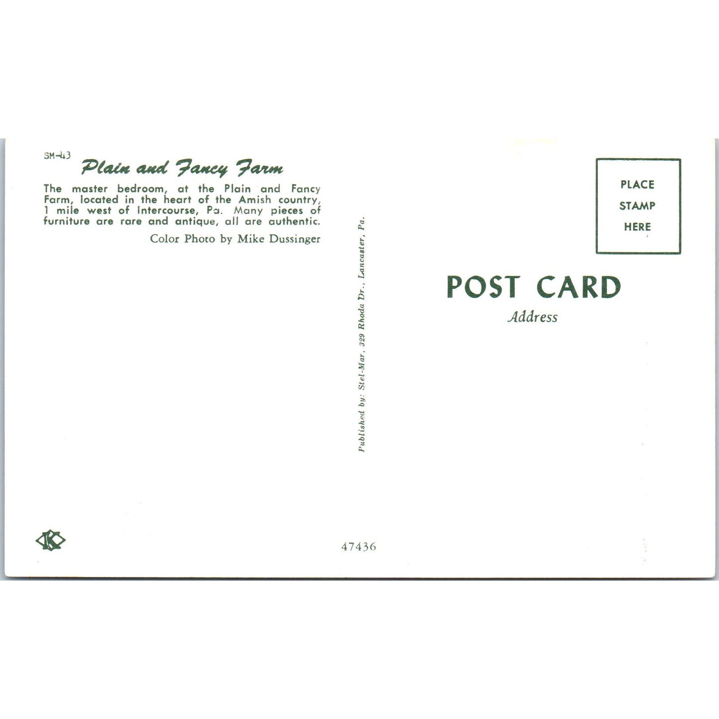 Plain and Fancy Farm Master Bedroom Intercourse PA Original Postcard PB5