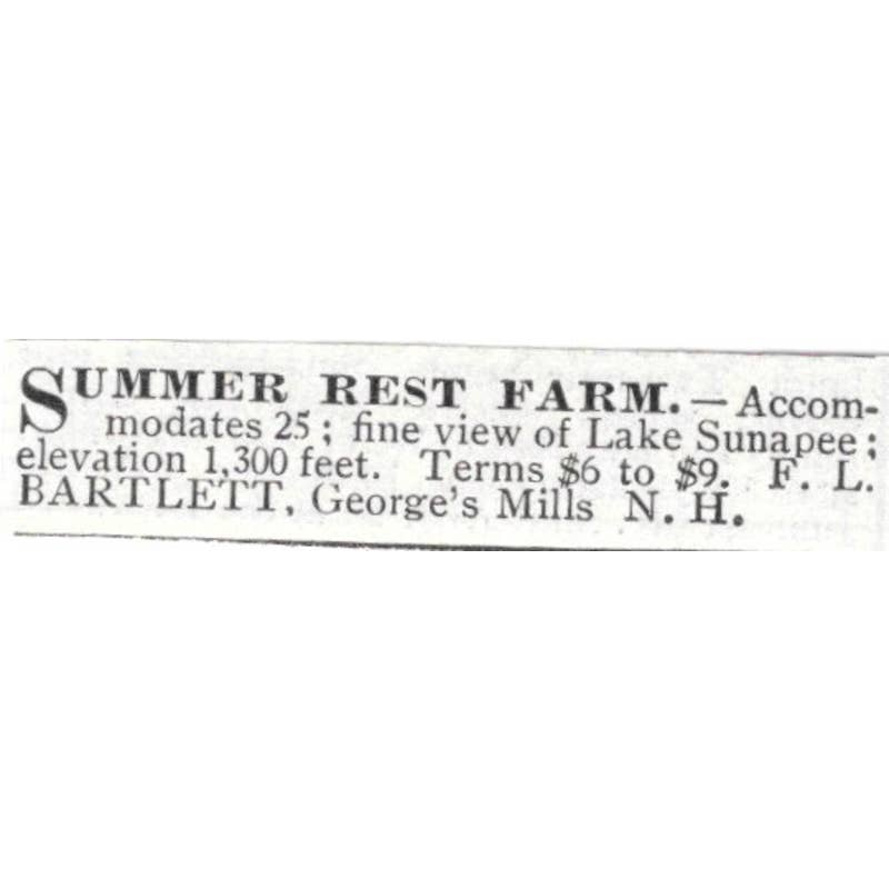 Summer Rest Farm F.L. Bartlett George's Mills NH - 1903 Original Ad TJ8-7-5