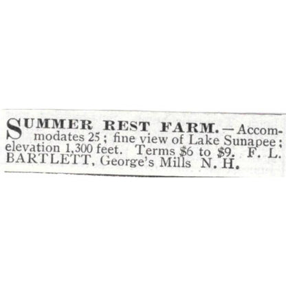 Summer Rest Farm F.L. Bartlett George's Mills NH - 1903 Original Ad TJ8-7-5