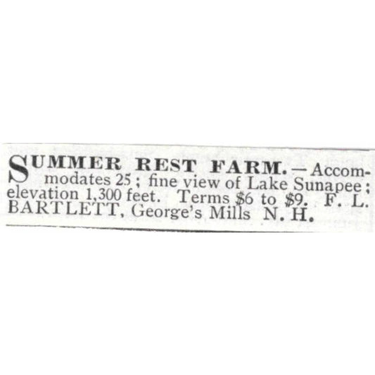 Summer Rest Farm F.L. Bartlett George's Mills NH - 1903 Original Ad TJ8-7-5