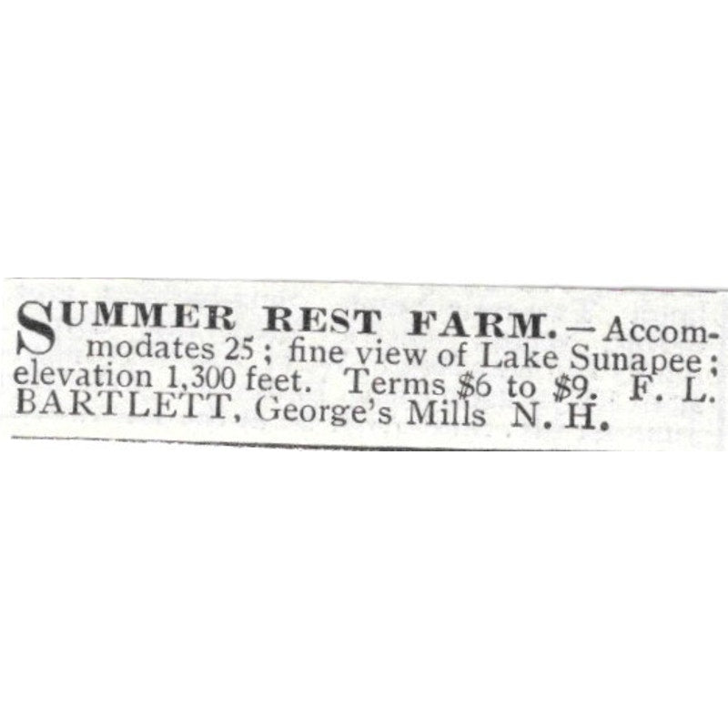 Summer Rest Farm F.L. Bartlett George's Mills NH - 1903 Original Ad AK5-S30