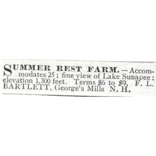 Summer Rest Farm F.L. Bartlett George's Mills NH - 1903 Original Ad AK5-S30