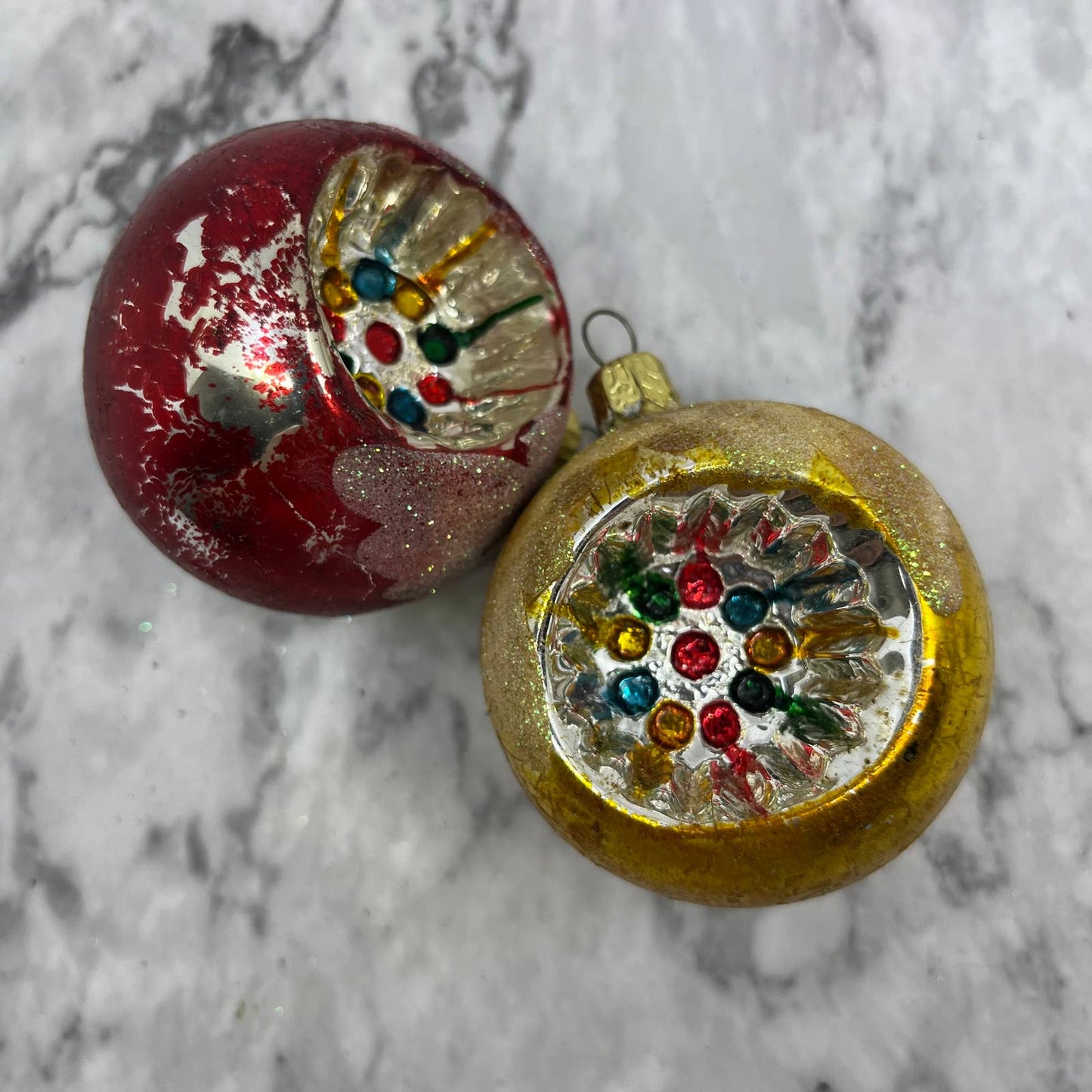 Vintage Lot of 2 Recessed Mercury Glass Ornaments Red Gold Mica OT1