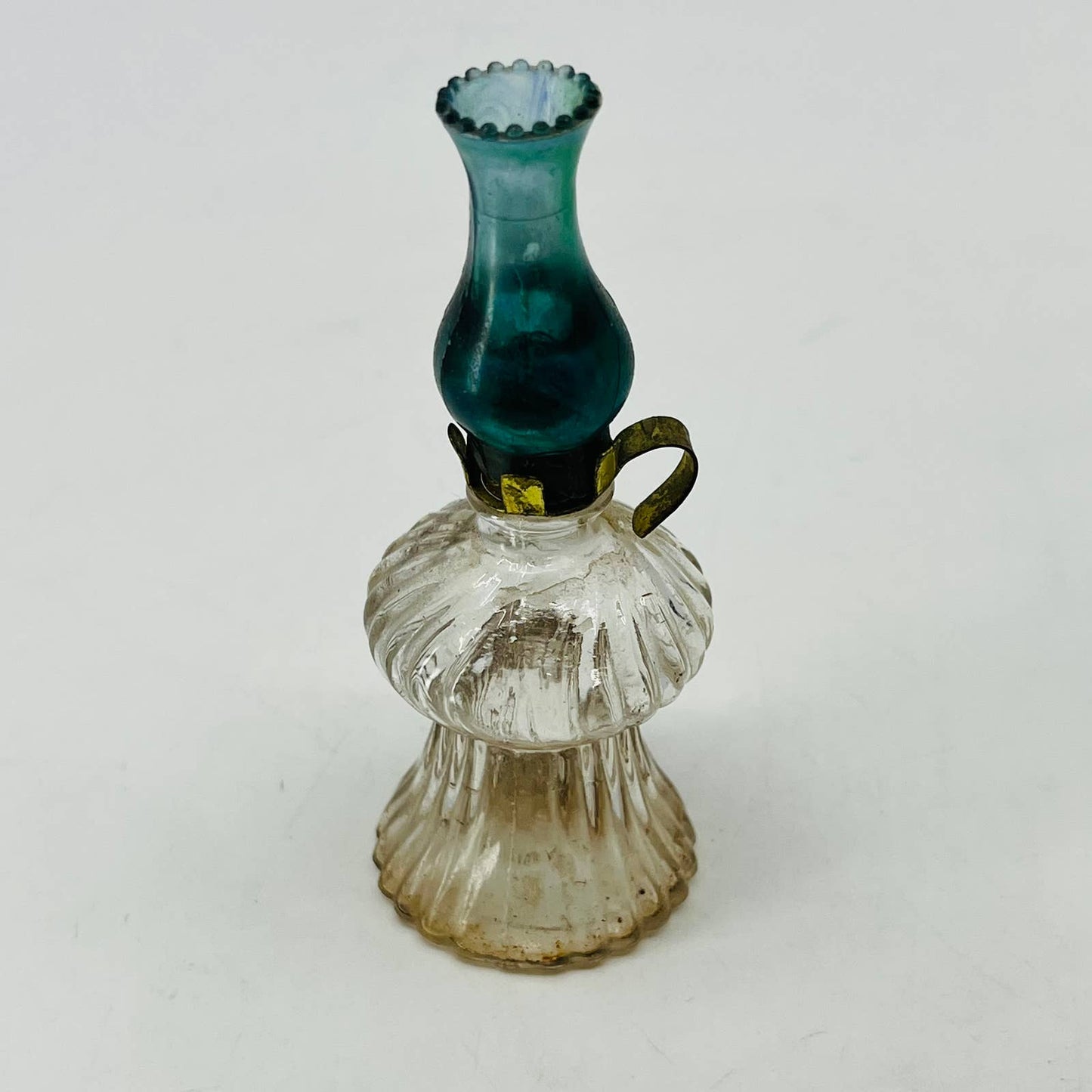 1950s Miniature Oil Lamp Perfume Bottle Lamplight Novell Blue Celluloid Top SA6