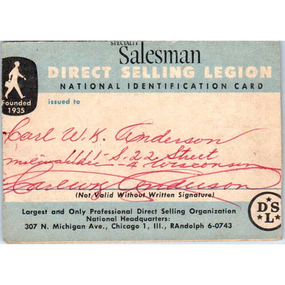 1950s Specialty Salesman Direct Selling Legion National Identification Card SE5