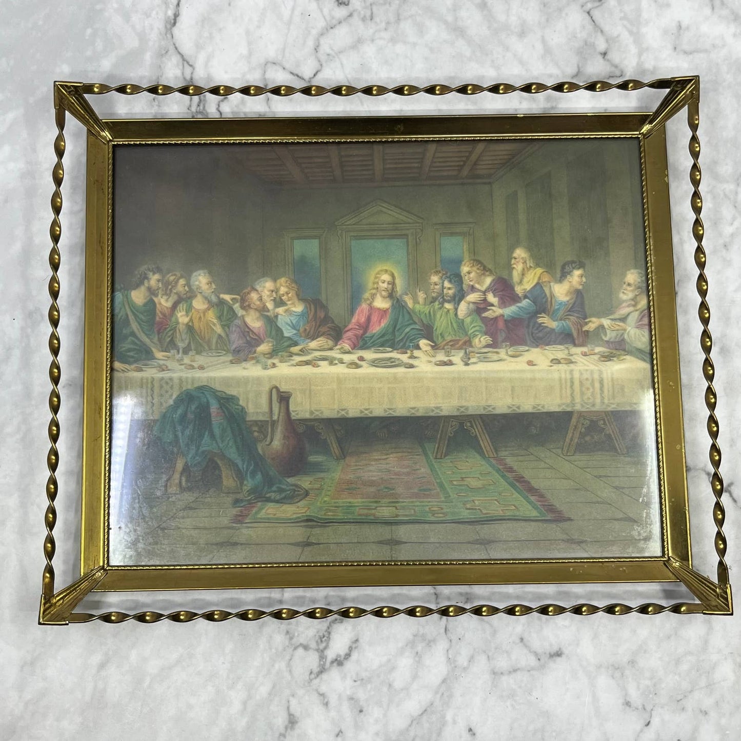 Vintage MCM Ornate Brass Wire Framed Last Supper Picture 9x11 TB6