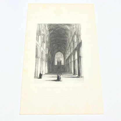 1836 Original Art Engraving Peterborough Cathedral View of the Nave AC4