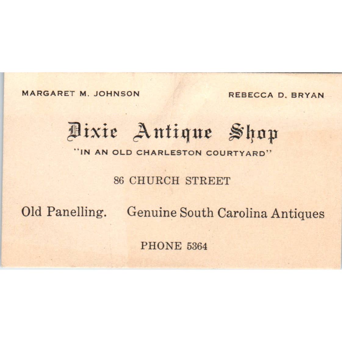 Dixie Antique Shop Church St. Charleston SC Business Card TJ9-PG7