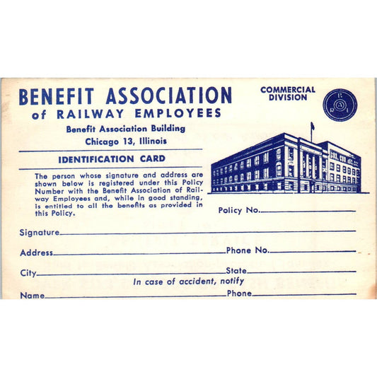 1950s Benefit Association of Railway Employees Identification Card UNUSED SE5