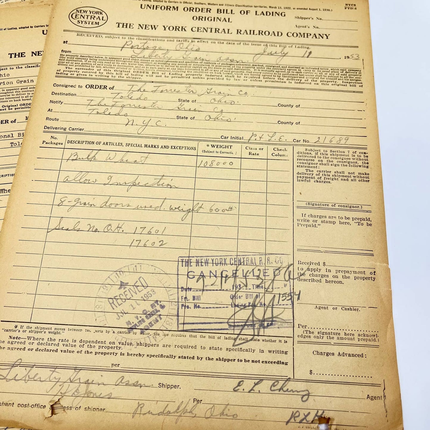 1953 The New York Central Railroad Co RR Original Bill of Lading Lot of 10 AB1-1