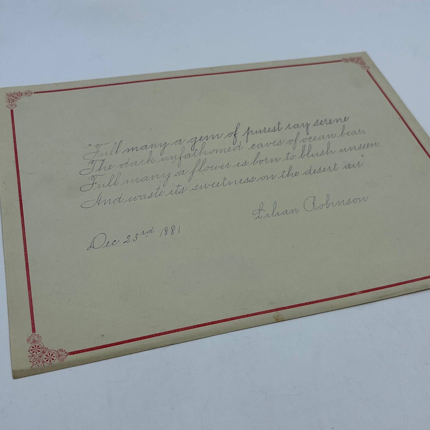 1881 Handwritten Poem by Lilian Robinson AA6