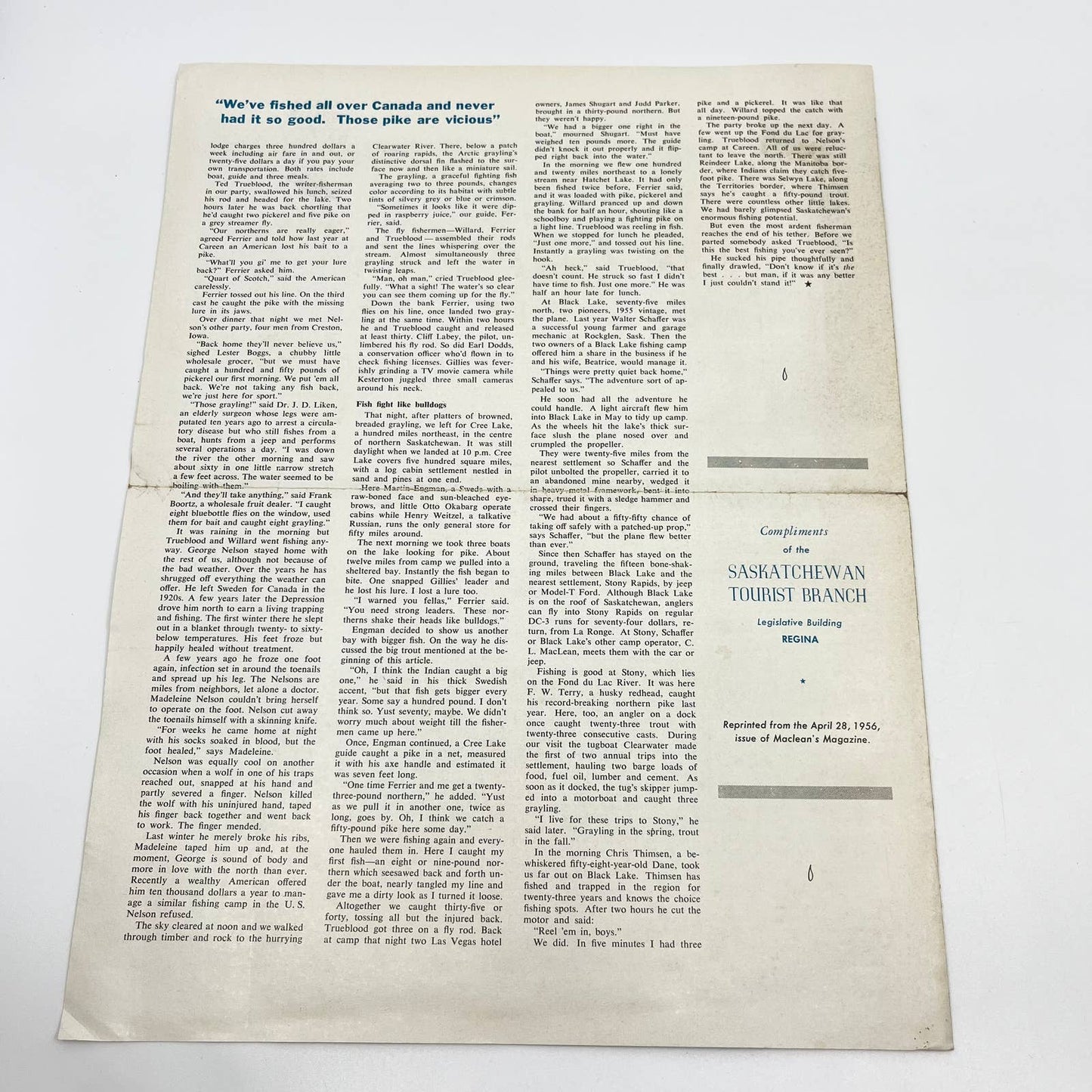 1956 Saskatchewan Canada Fishing Careen Lake Article Leaflet AB3