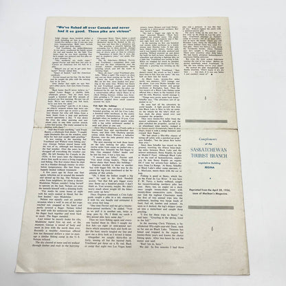 1956 Saskatchewan Canada Fishing Careen Lake Article Leaflet AB3