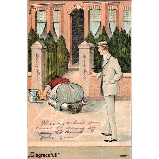 1908 Postcard Cartoon Cleaning Lady Butt Crack "Disgraceful" SE3-2