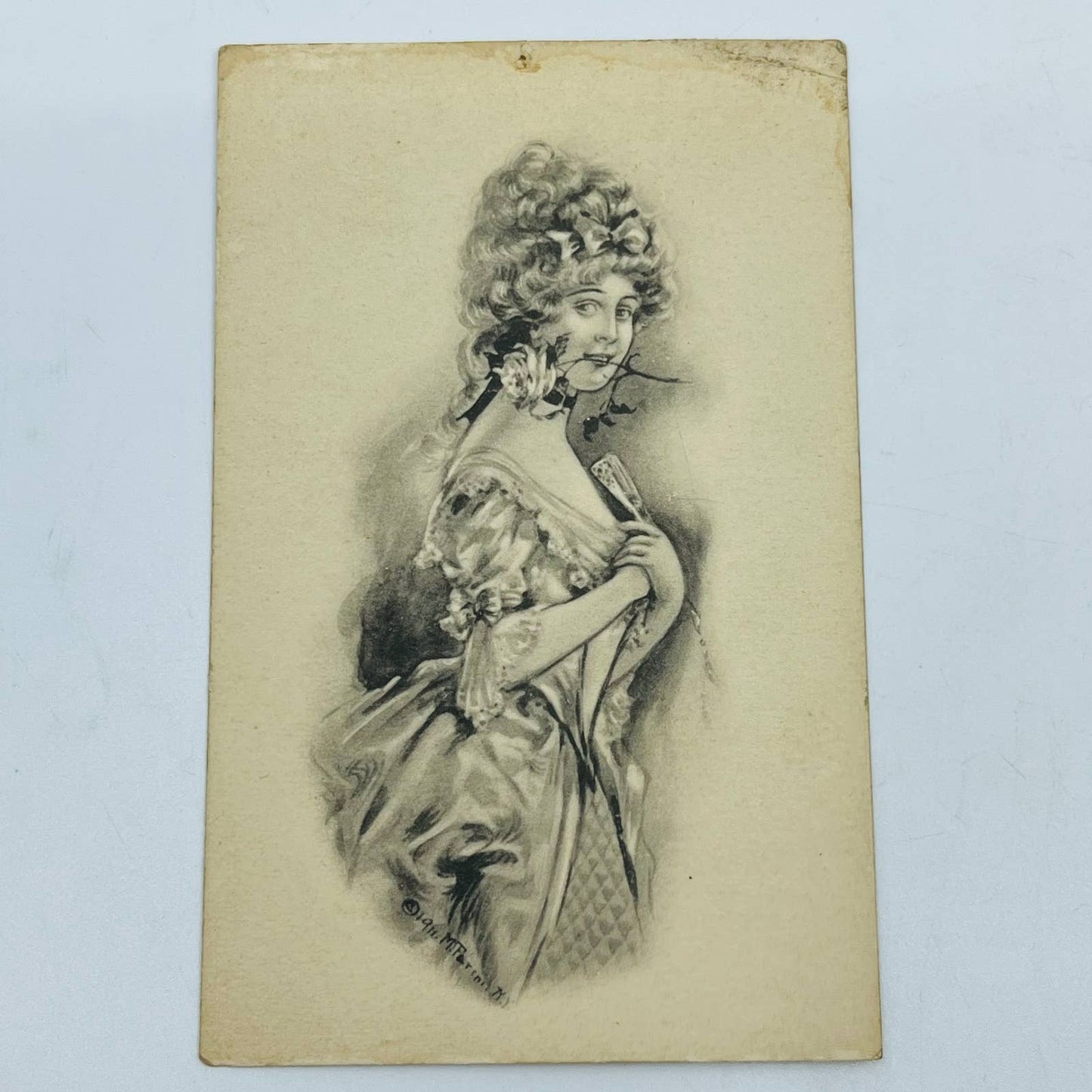 1910s Post Card Victorian Lady Updo Fancy Dress Rose PA6