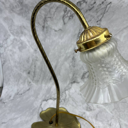 Vtg MCM Brass Goose Neck Pond Lily Pad Table Desk Lamp Frosted Glass 14" WORKS