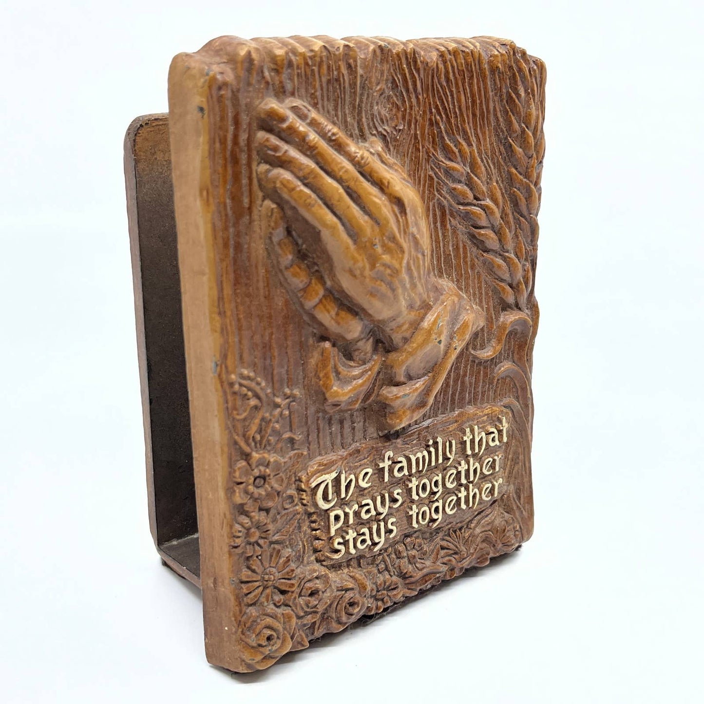 1960 Kitchen Christian Napkin Holder Praying Hands Family Prays Together TF5