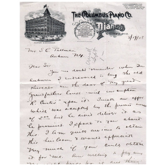 1908 Aug - The Columbus Piano Co Letterhead Columbus OH AC9