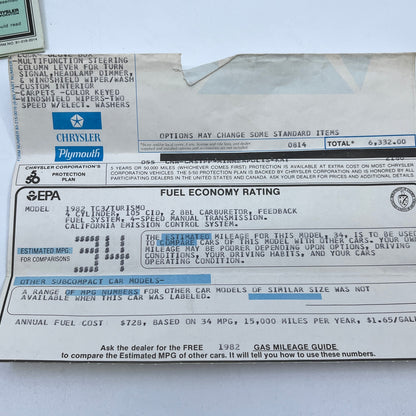 1982 Plymouth Horizon TC3 Manual and New Car Inserts Chrysler H4-6