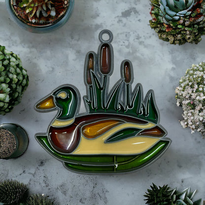 1980s Duck & Cattails Stained Glass Suncatcher 3.5" TE5-S1