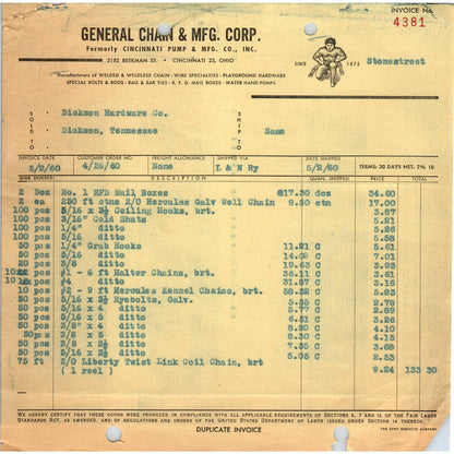 1960 May 2 - General Chain Mfg Corp Billhead Receipt Dickson TN CC AD5