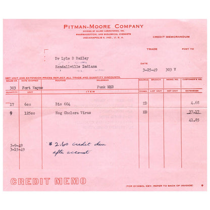 1949 Pitman-Moore Co Veterinary Hog Cholera Receipt Indianapolis IN AD8-4