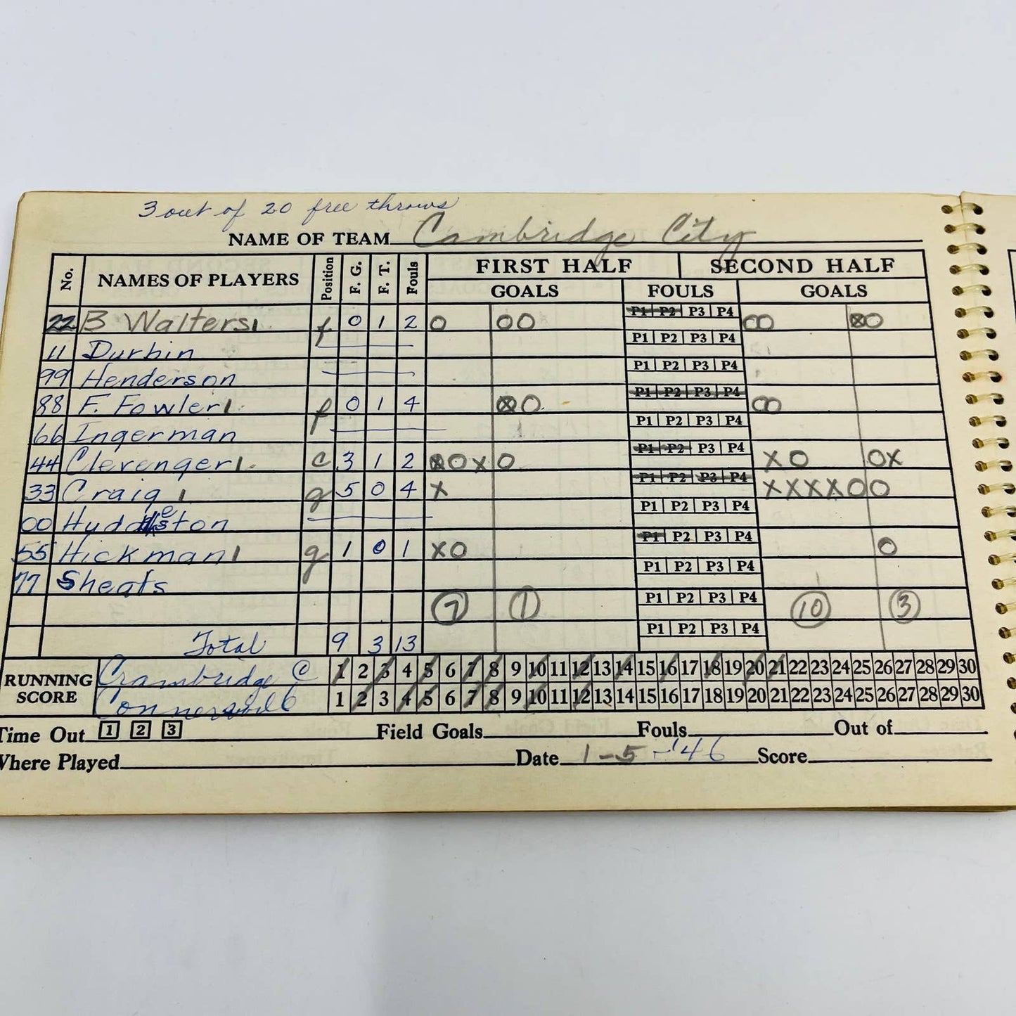 1944 Spalding Official Basketball Score Book Centerville Indiana Junior High TC5