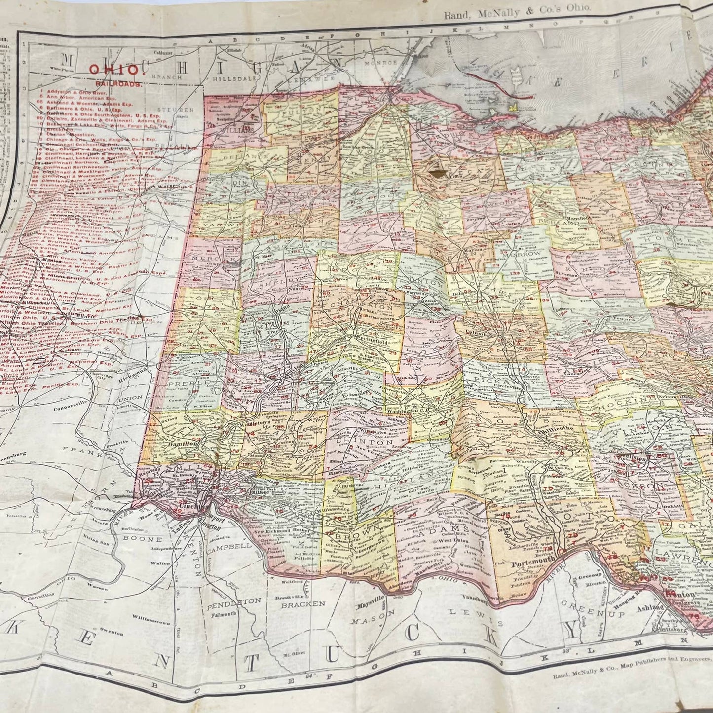 1902 Rand-Mcnally Vest Pocket Map Of OHIO All Cities Tinted Engraving SD3