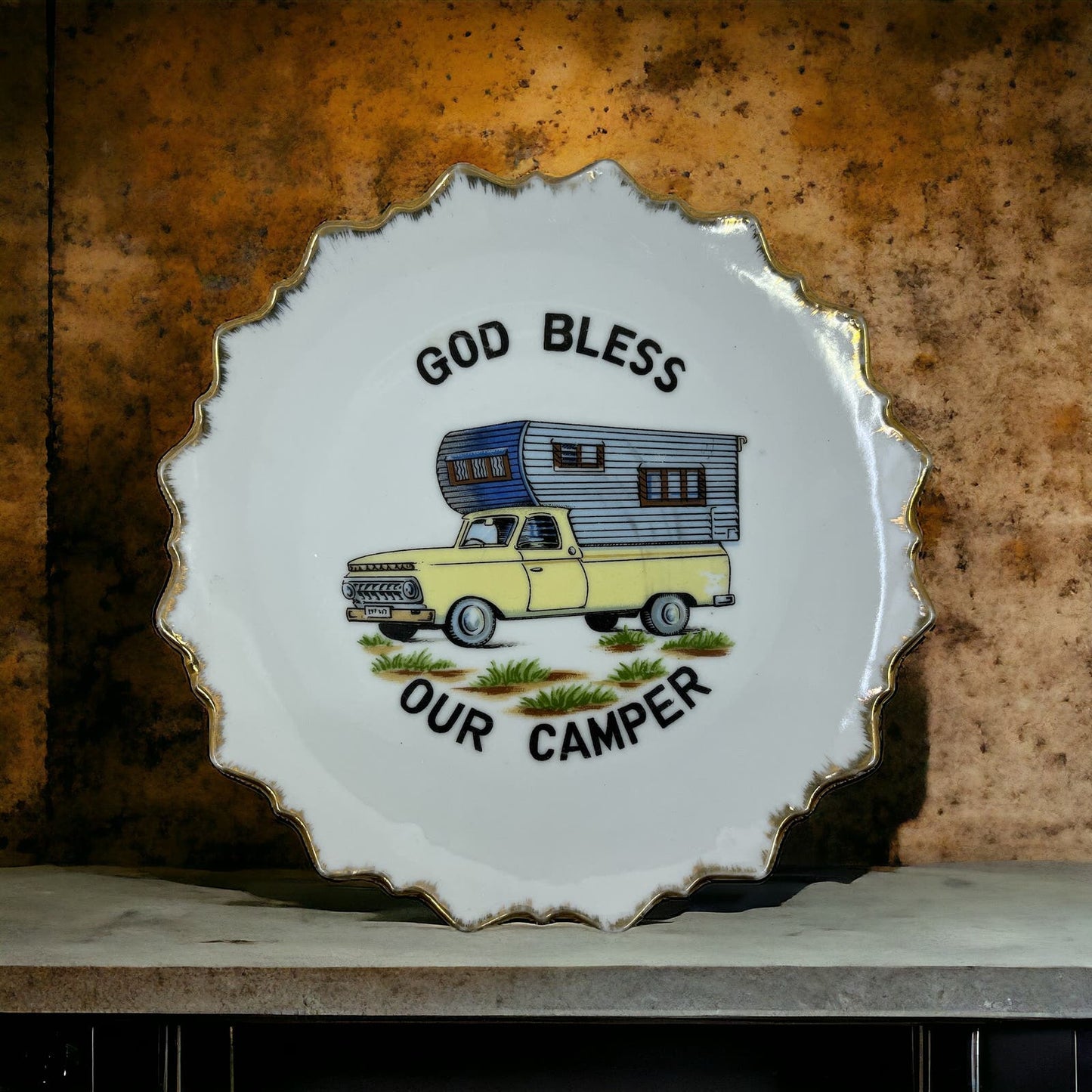 God Bless Our Camper 65 Ford Pickup w/ Slide in 7" vintage Wall Hang Plate TE5