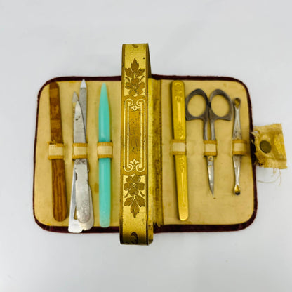 Antique Victorian Velvet & Brass Manicure Set TD2