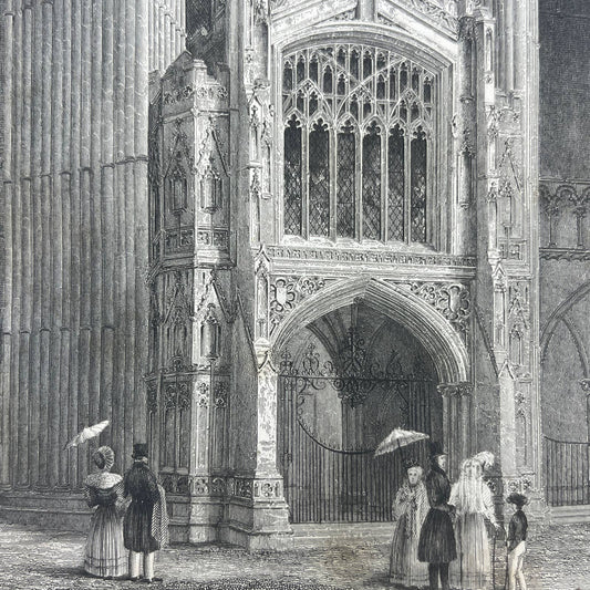 1836 Original Art Engraving Peterborough Cathedral View of Porch West End AC4